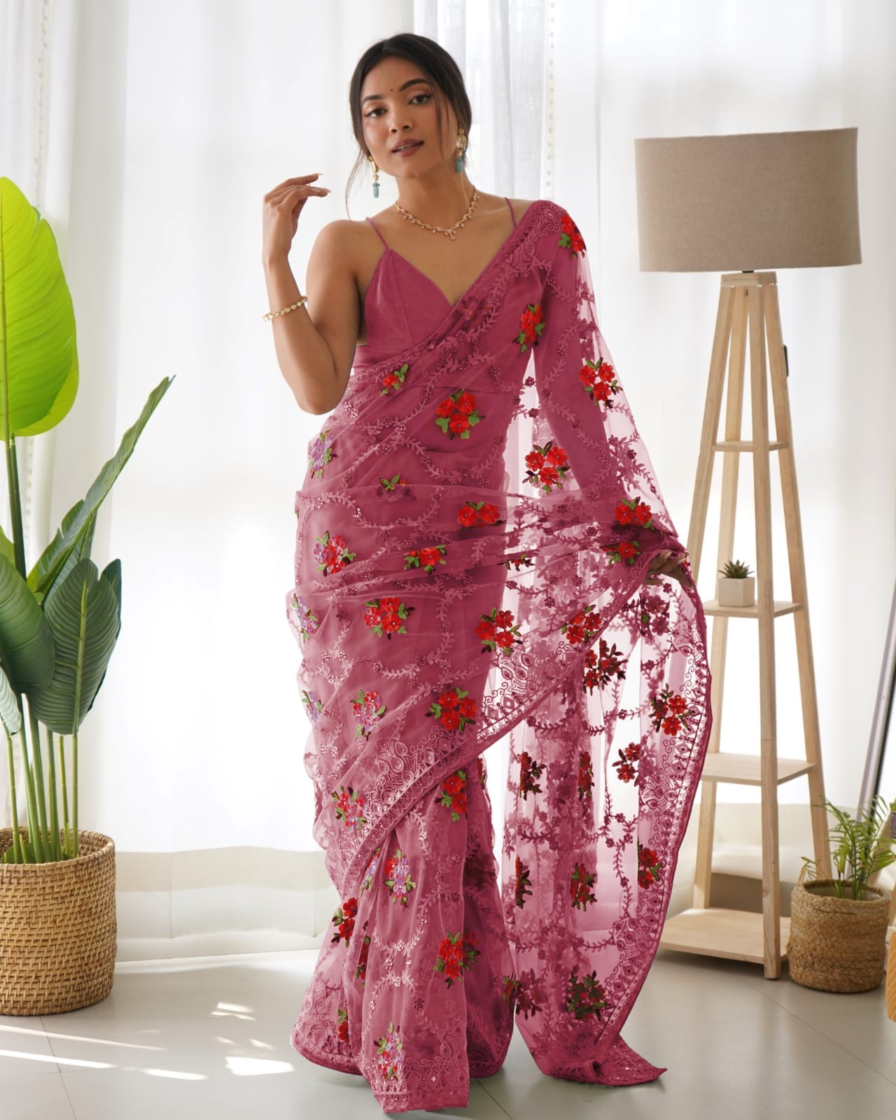 Pink Net Embroidery Saree for Women 