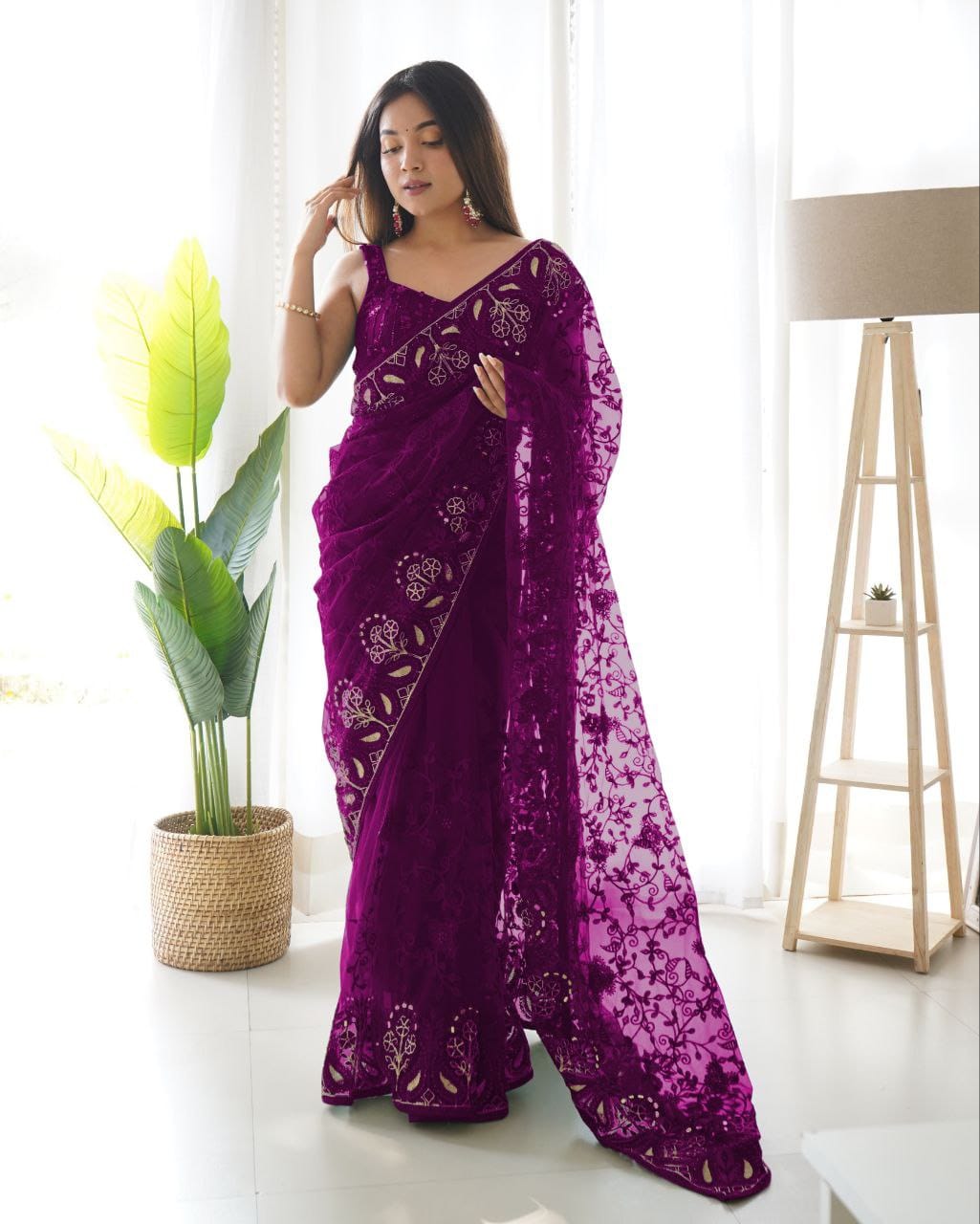 Purple Soft Net Embroidery Saree for Women 