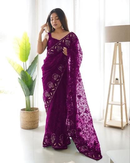 Purple Soft Net Embroidery Saree for Women 