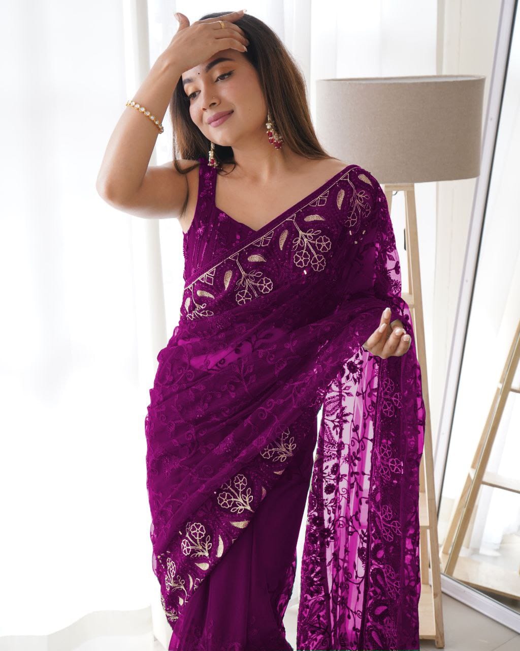 Purple Soft Net Embroidery Saree for Women 