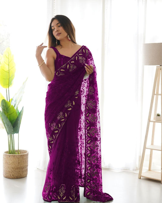 Purple Soft Net Embroidery Saree for Women 