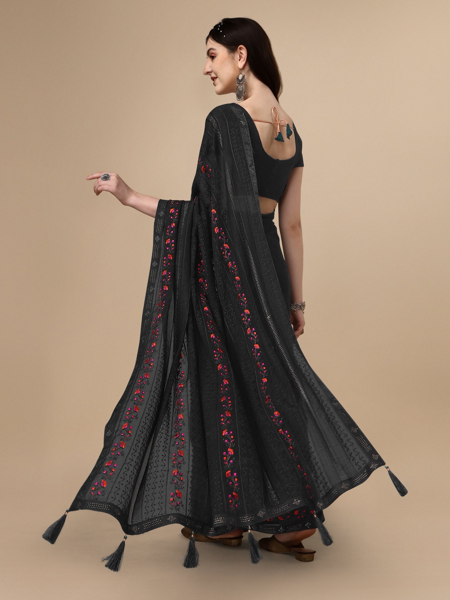 Black Chiffon Georgette Floral Embroidered Saree for Women 