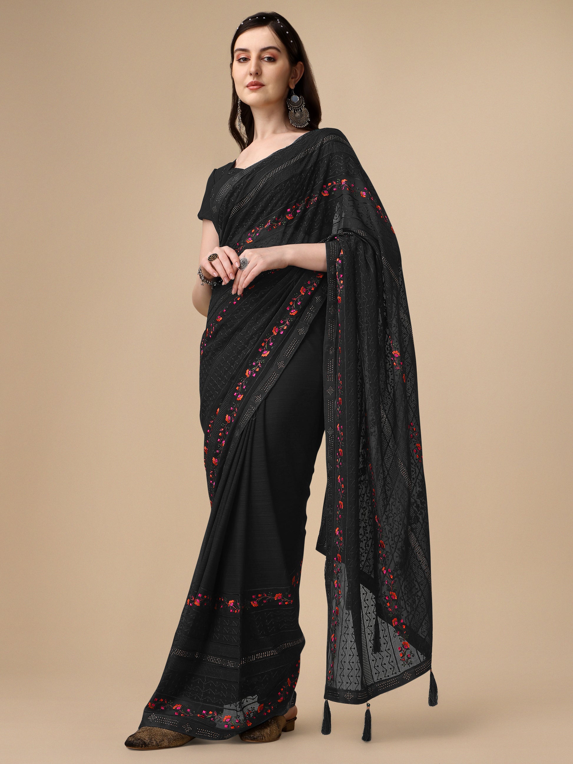 Black Chiffon Georgette Floral Embroidered Saree for Women 