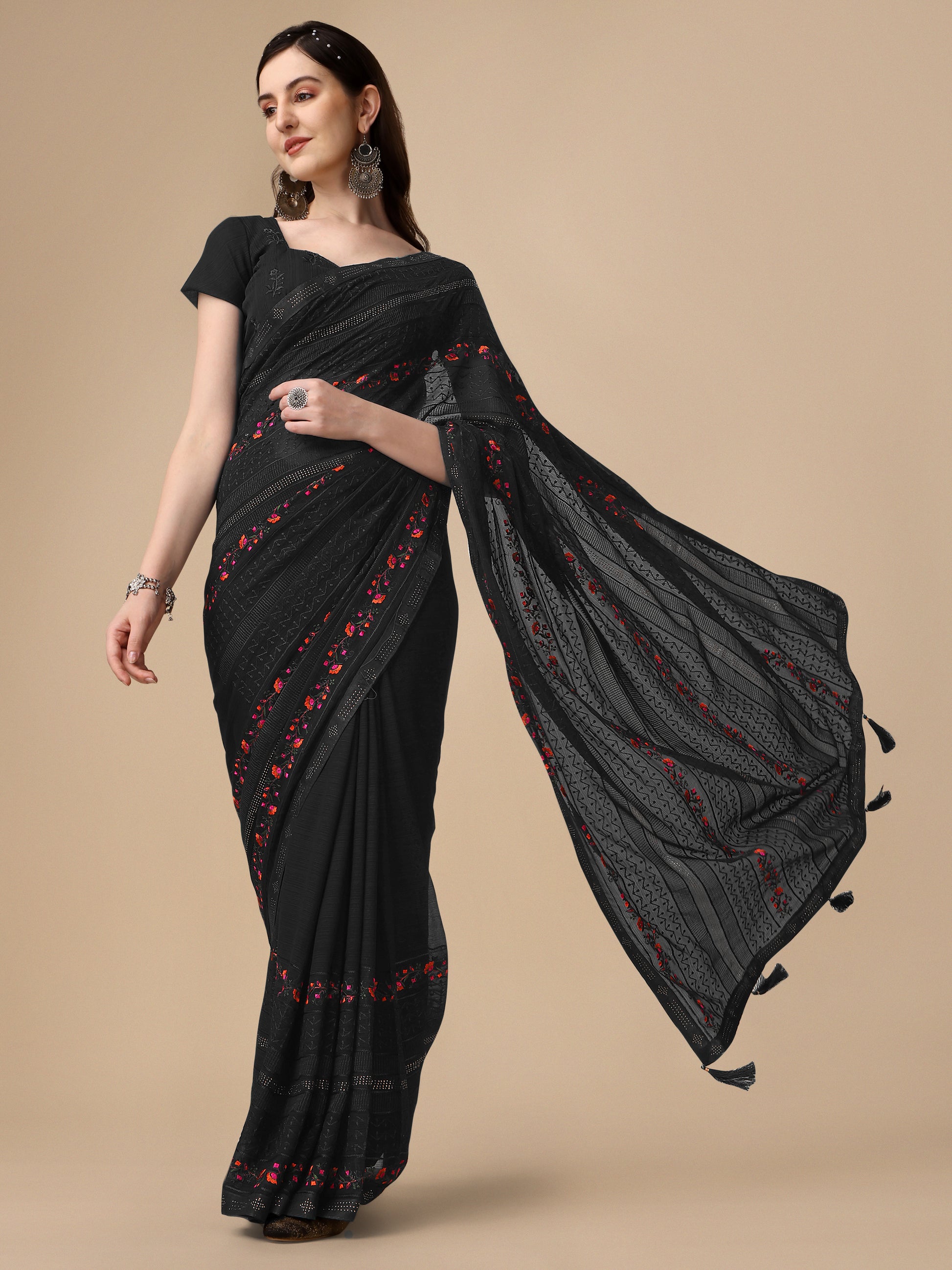 Black Chiffon Georgette Floral Embroidered Saree for Women 