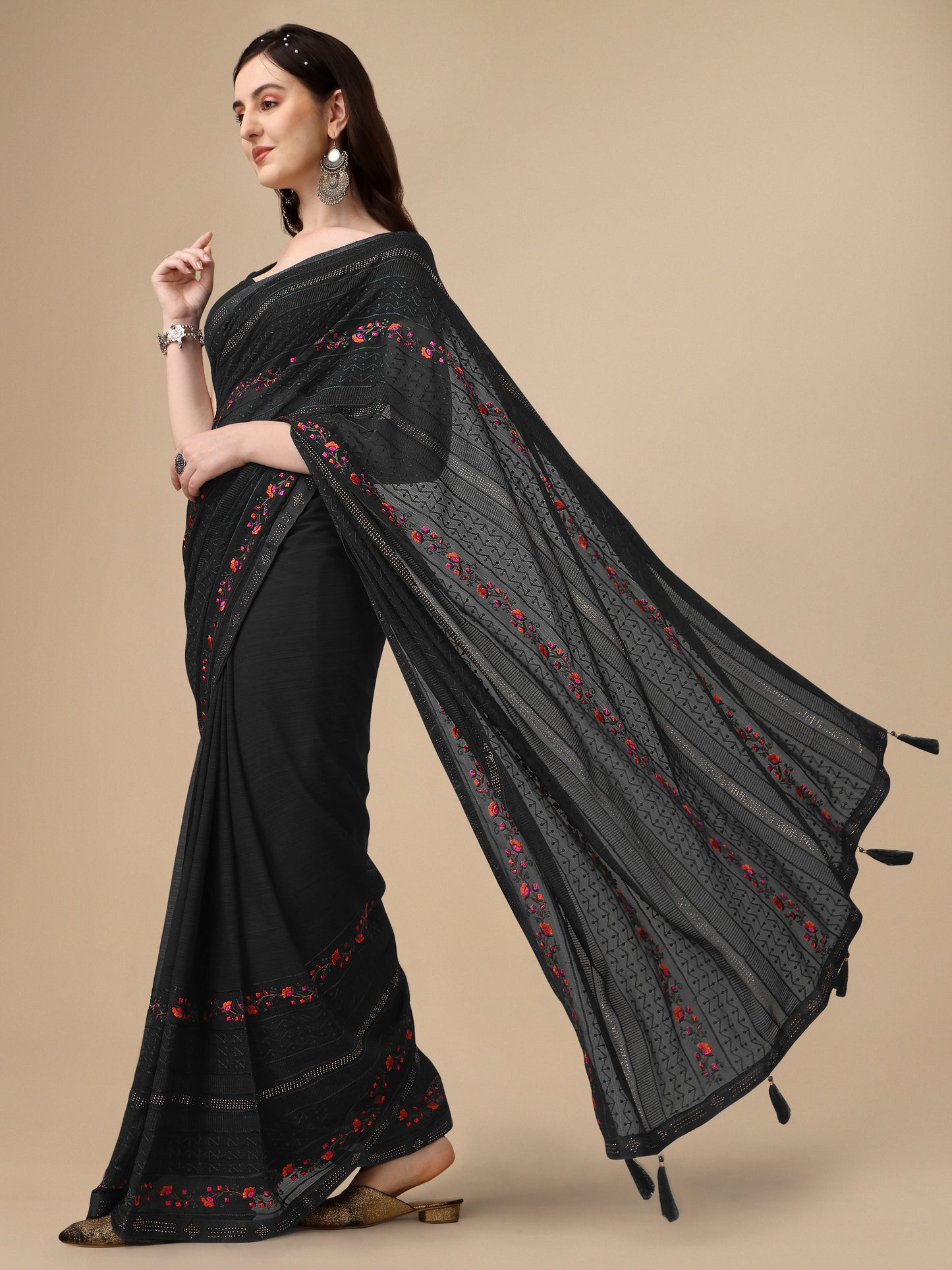 Black Chiffon Georgette Floral Embroidered Saree for Women 