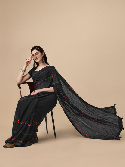 Black Chiffon Georgette Floral Embroidered Saree for Women 