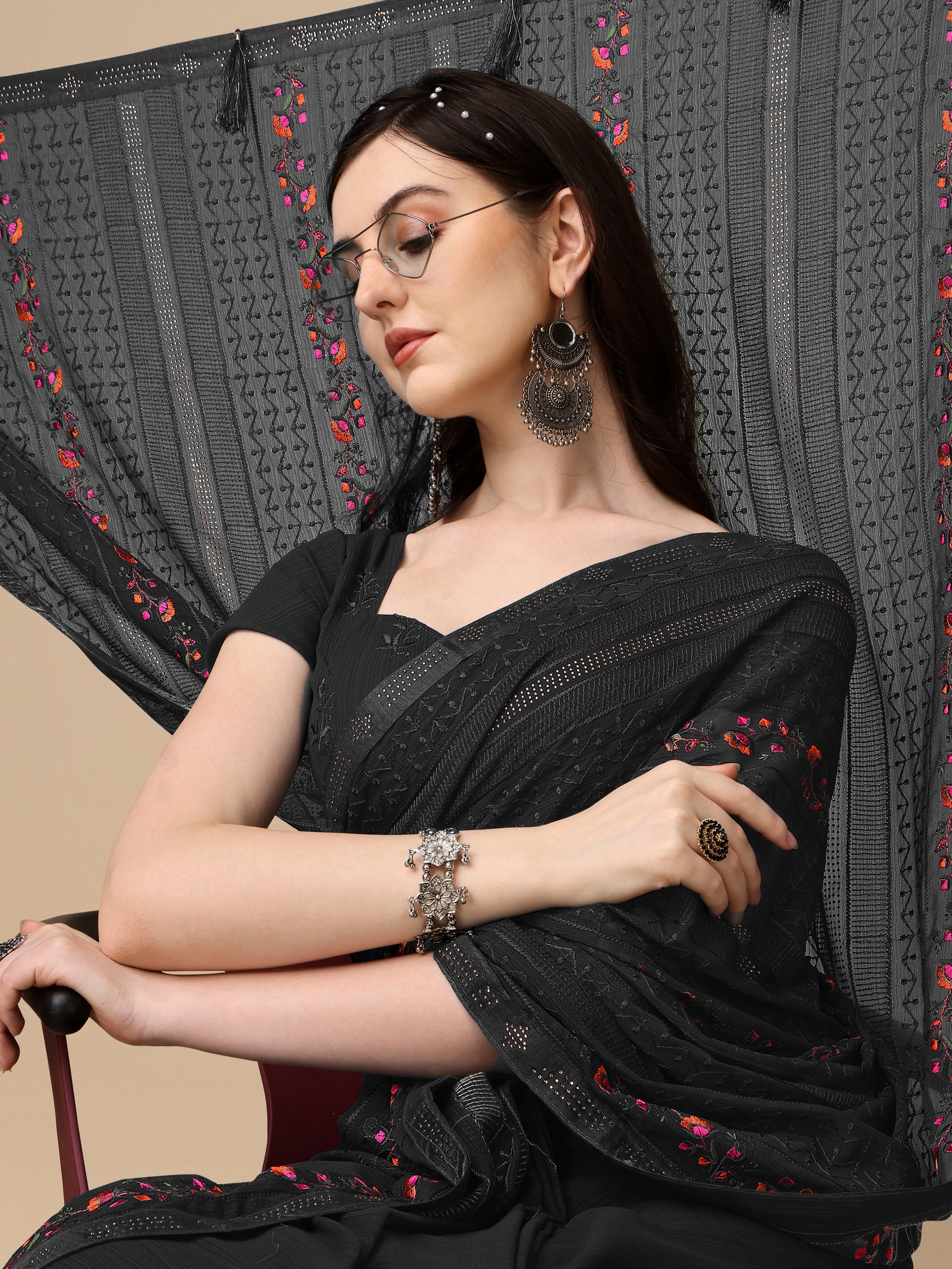 Black Chiffon Georgette Floral Embroidered Saree for Women 