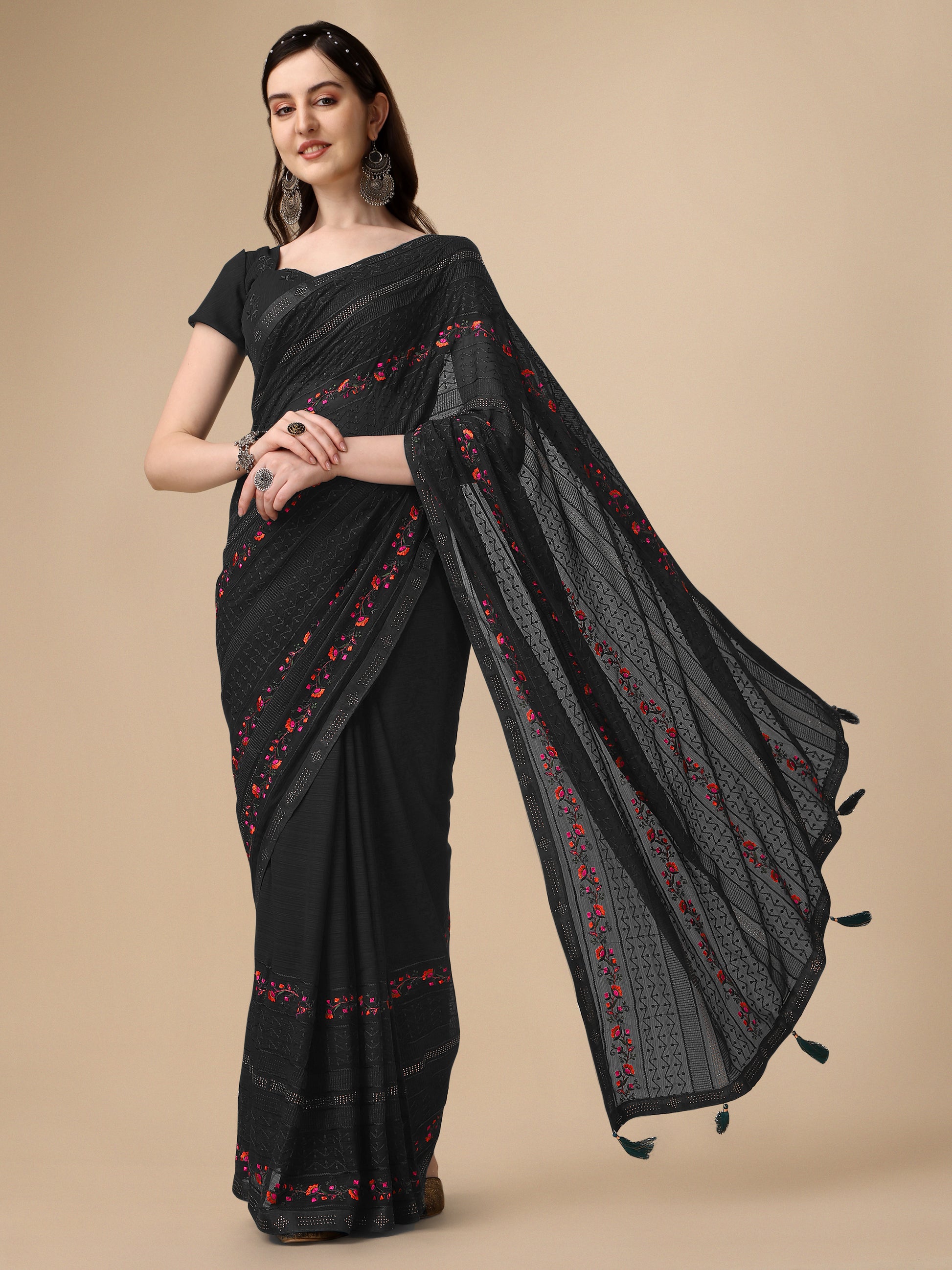 Black Chiffon Georgette Floral Embroidered Saree for Women 