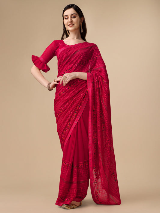 Dark Pink Chiffon Georgette Floral Embroidered Saree for Women 