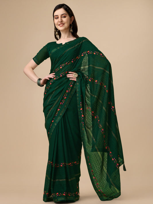 Green Chiffon Georgette Floral Embroidered Saree for Women 