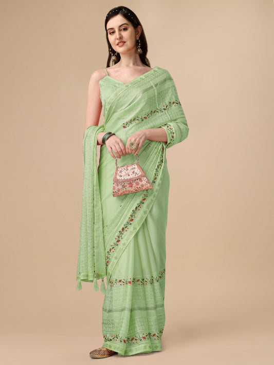 Light Green Chiffon Georgette Floral Embroidered Saree for Women 