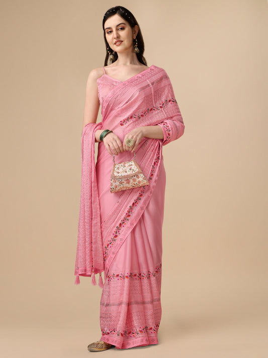 Light Pink Chiffon Georgette Floral Embroidered Saree for Women 