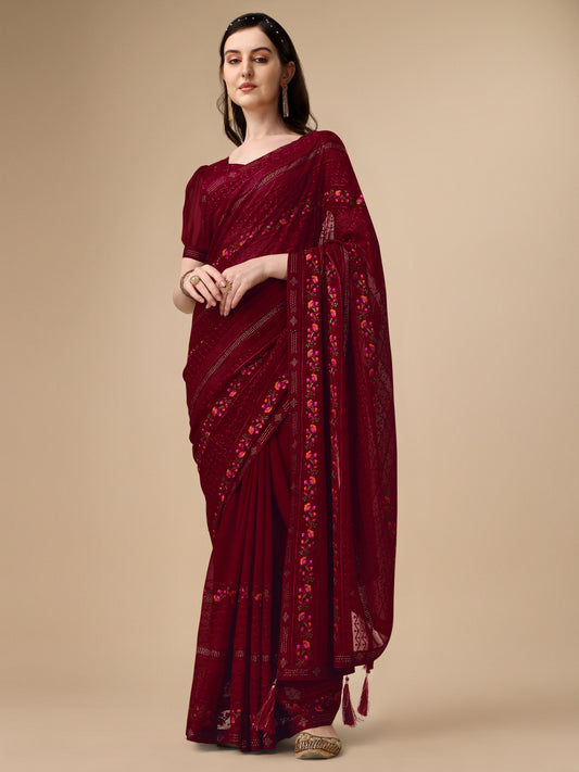 Maroon Chiffon Georgette Floral Embroidered Saree for Women 