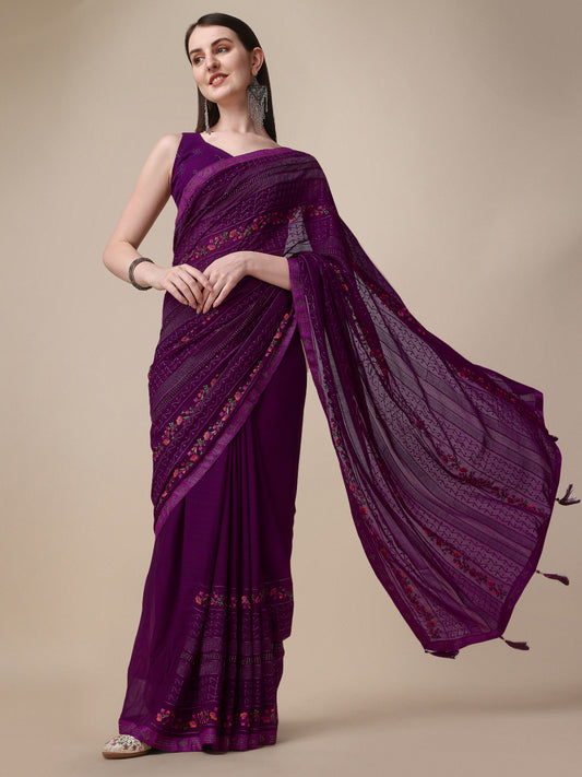 Purple Chiffon Georgette Floral Embroidered Saree for Women 