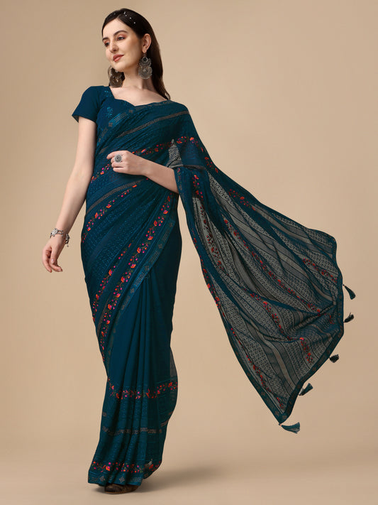 Rama Blue Chiffon Georgette Floral Embroidered Saree for Women 