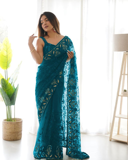 Rama Soft Net Embroidery Saree for Women 