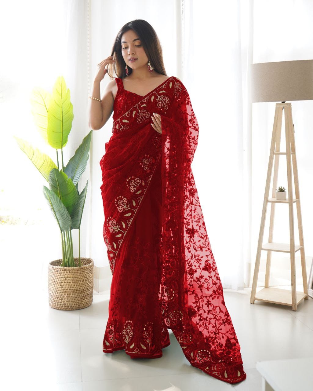 Red Soft Net Embroidery Saree for Women 