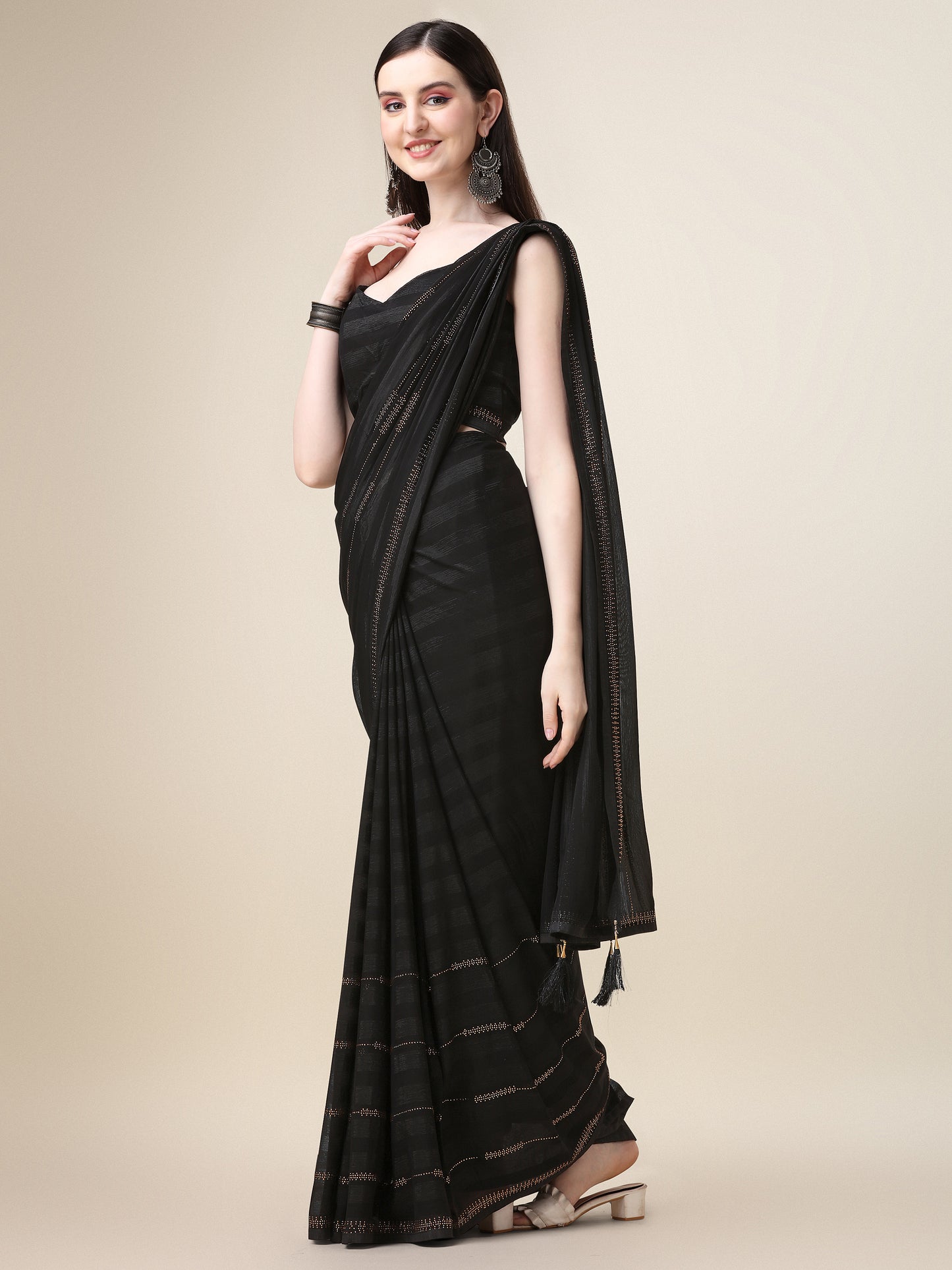 Black Silk Sirosky Stone Lace Work Saree for Women 