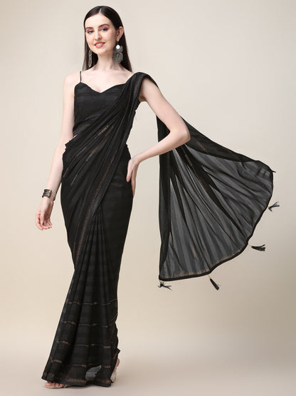 Black Silk Sirosky Stone Lace Work Saree for Women 