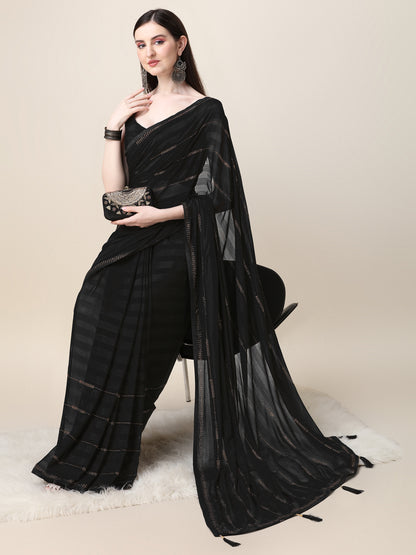 Black Silk Sirosky Stone Lace Work Saree for Women 