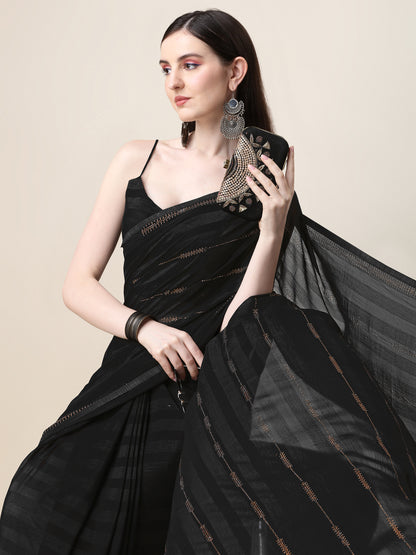 Black Silk Sirosky Stone Lace Work Saree for Women 