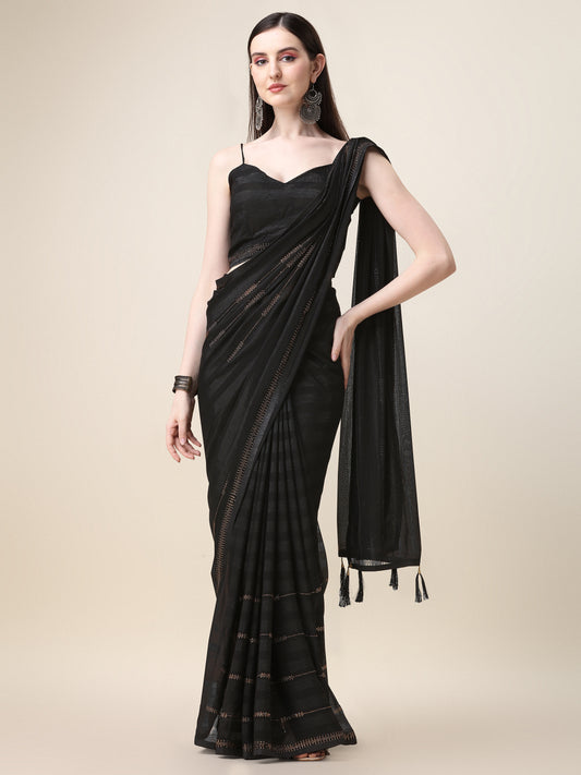 Black Silk Sirosky Stone Lace Work Saree for Women 