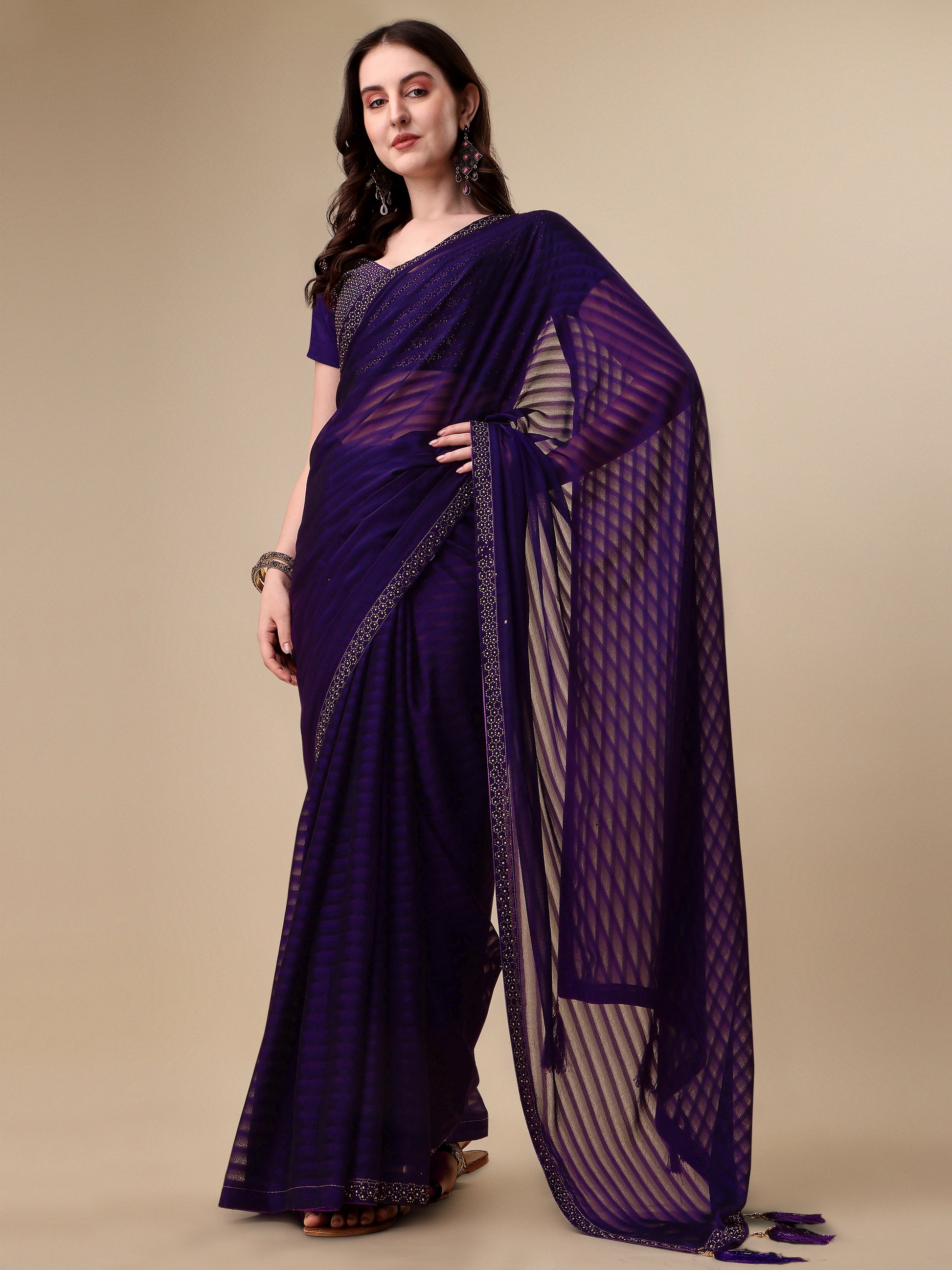 Purple Silk Sirosky Stone Lace Work Saree for Women 