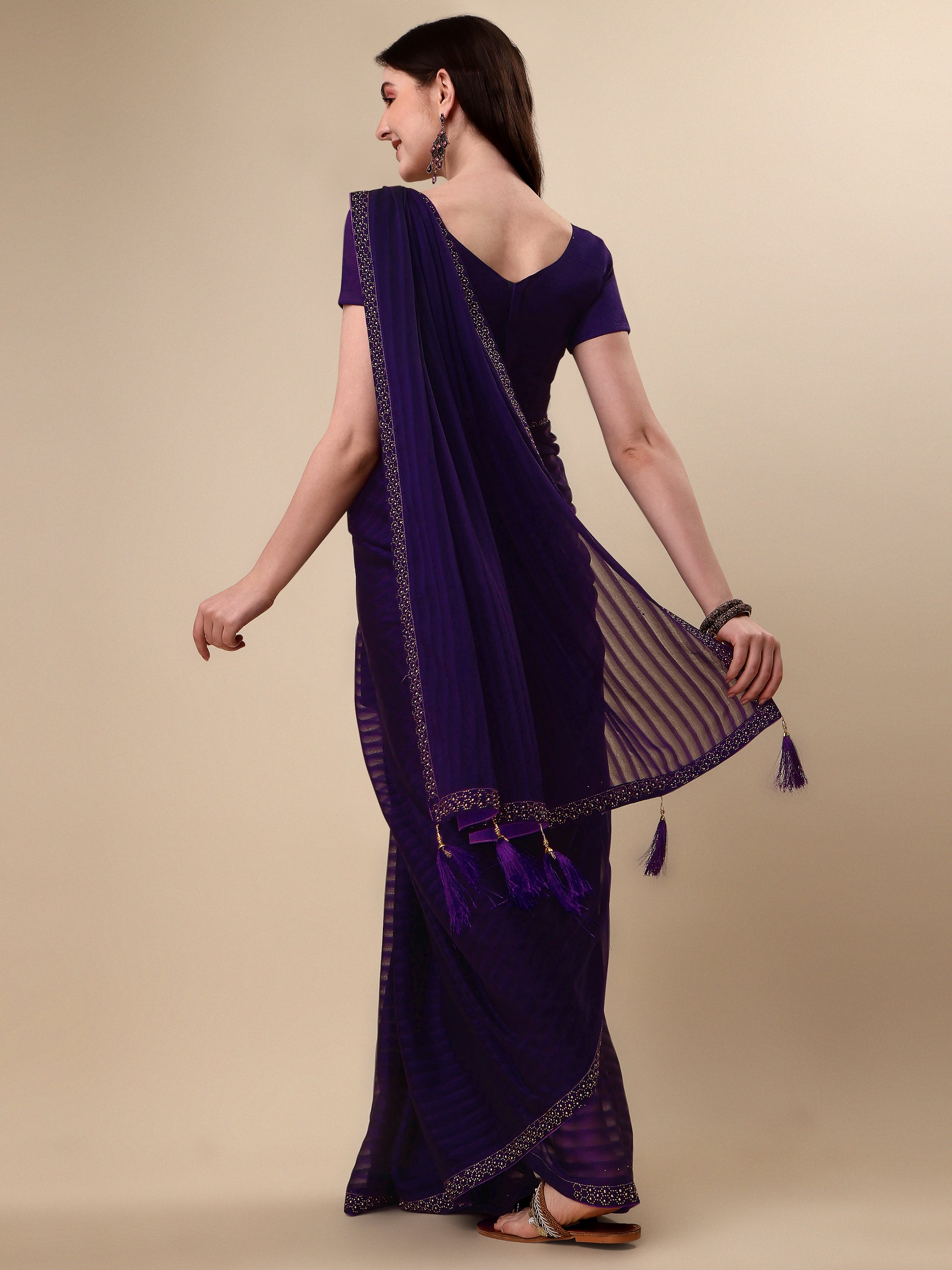 Purple Silk Sirosky Stone Lace Work Saree for Women 