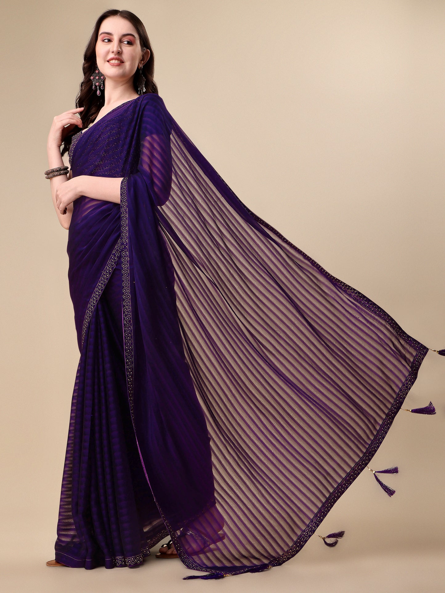 Purple Silk Sirosky Stone Lace Work Saree for Women 