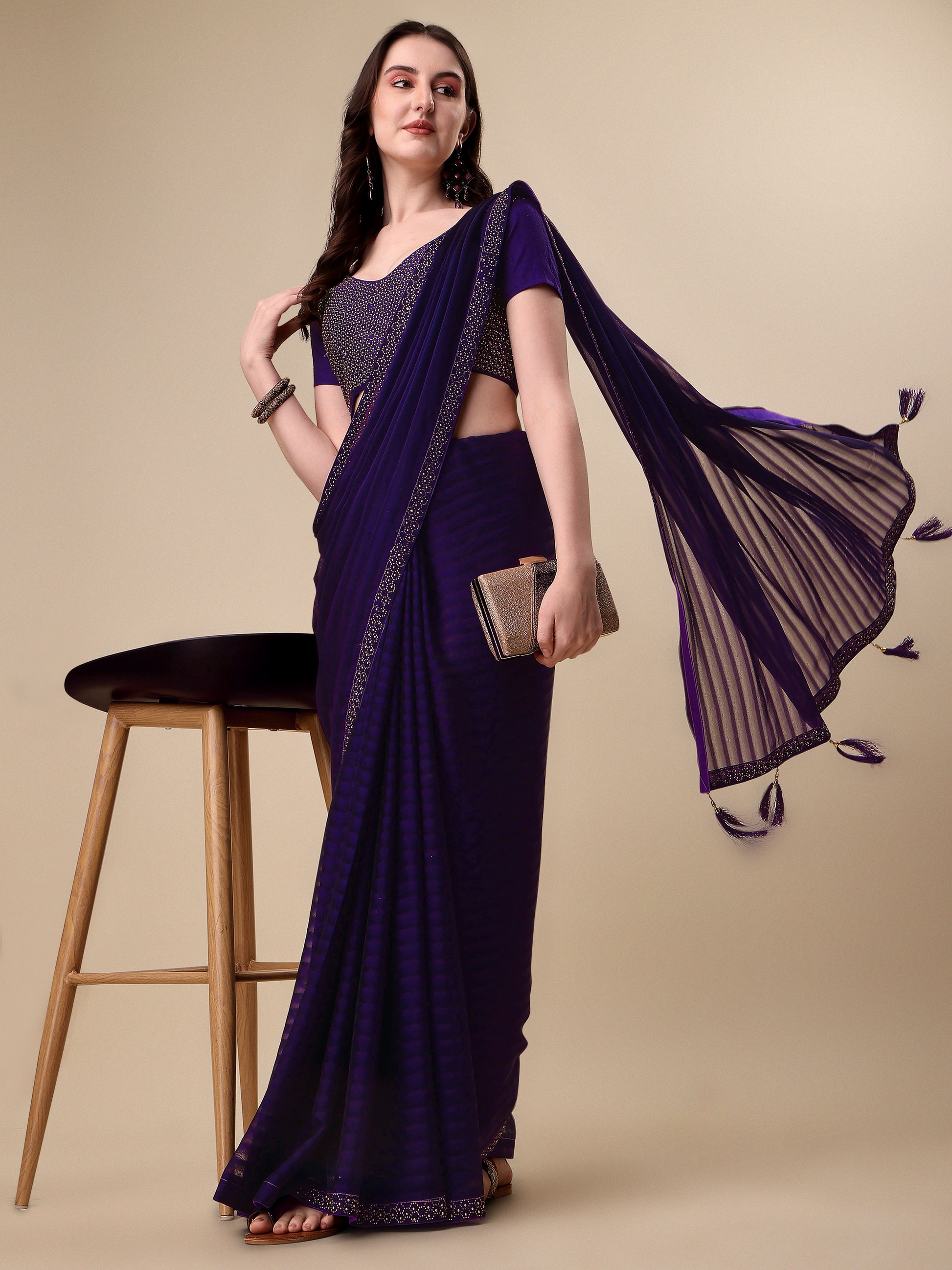 Purple Silk Sirosky Stone Lace Work Saree for Women 