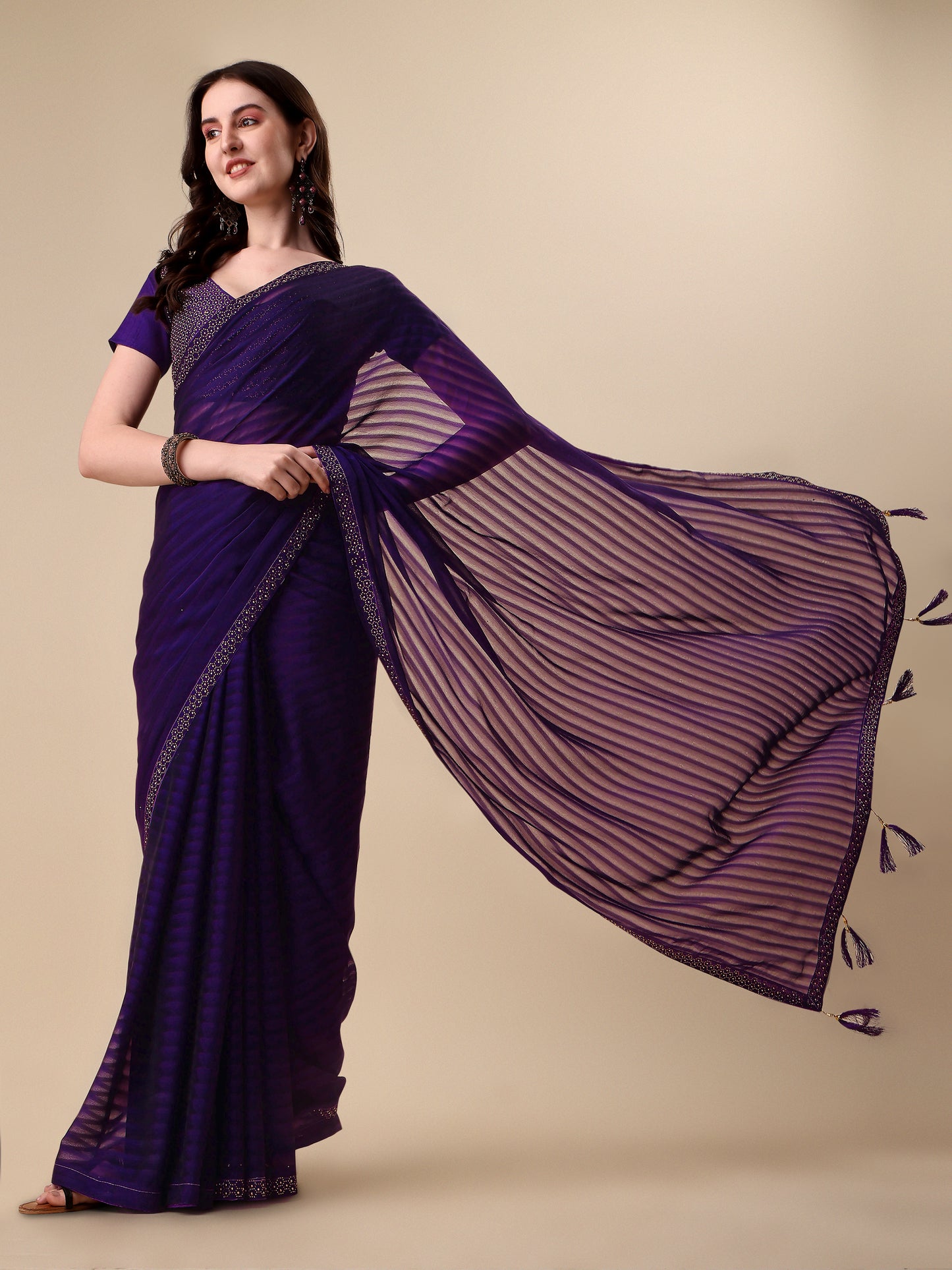 Purple Silk Sirosky Stone Lace Work Saree for Women 