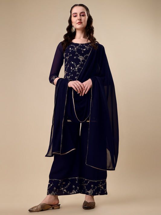 Navy Blue Georgette Floral Embroidered Sequinned Kurta Set 