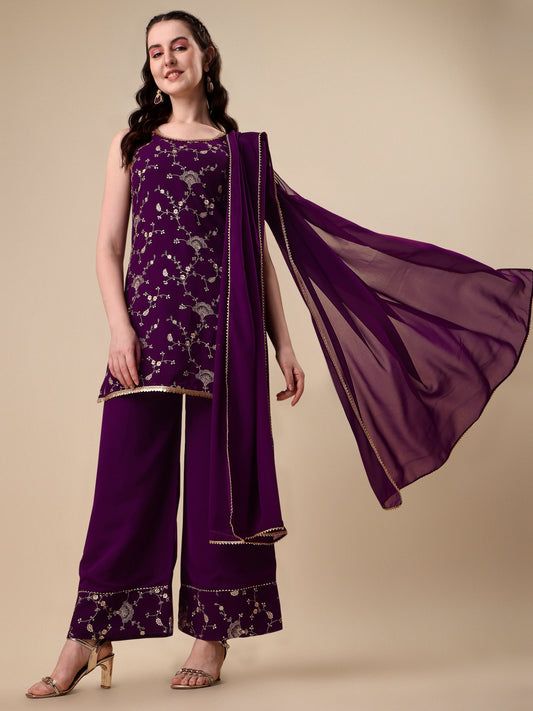 Purple Georgette Floral Embroidered Sequinned Kurta With Palazzos & Dupatta 