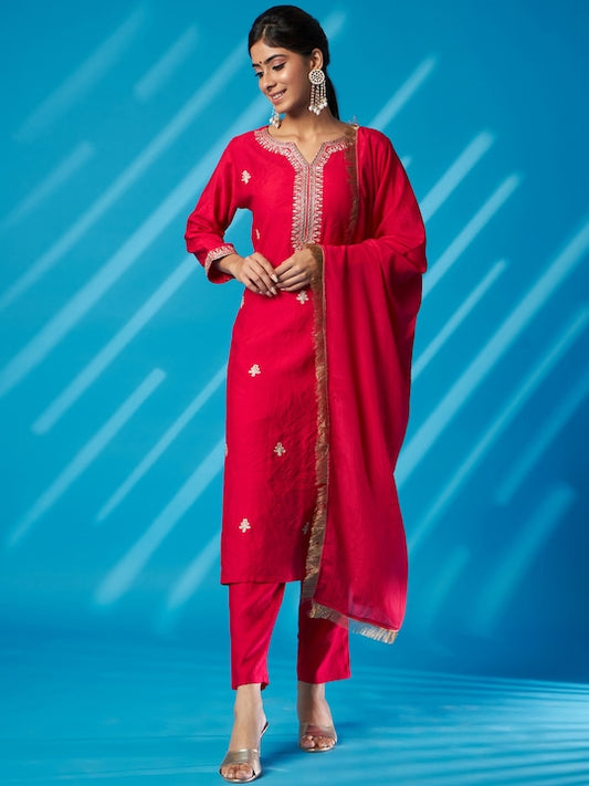 Pink Floral Embroidered Regular Kurta with Trousers & Dupatta 