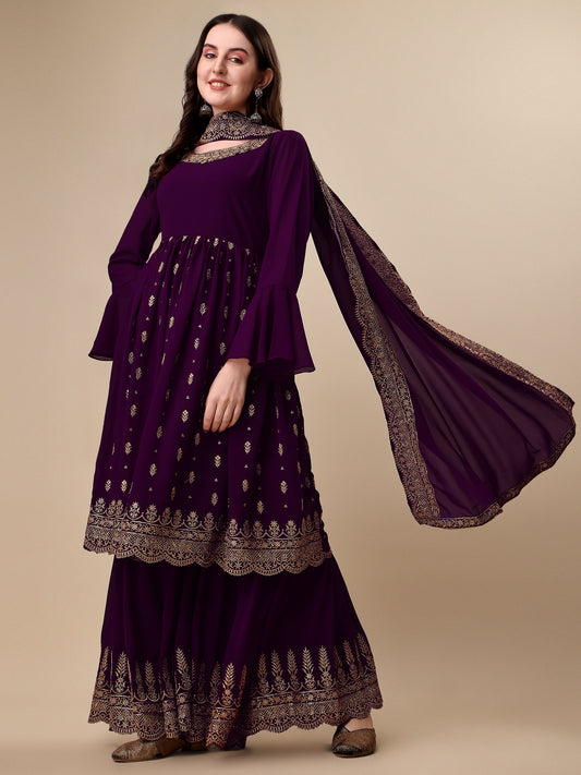 Purple Georgette Embroidered Sequined Georgette Kurta with Sharara & Dupatta 