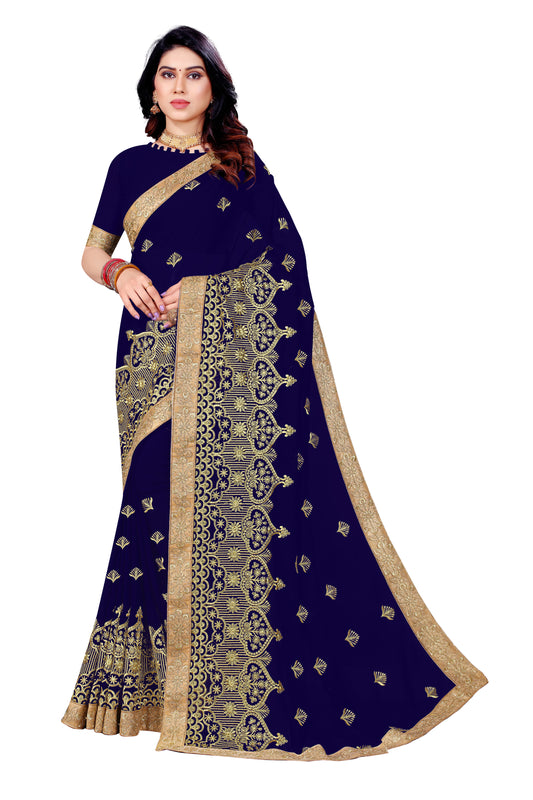 Blue Georgette Embroidery Work Saree For Women 