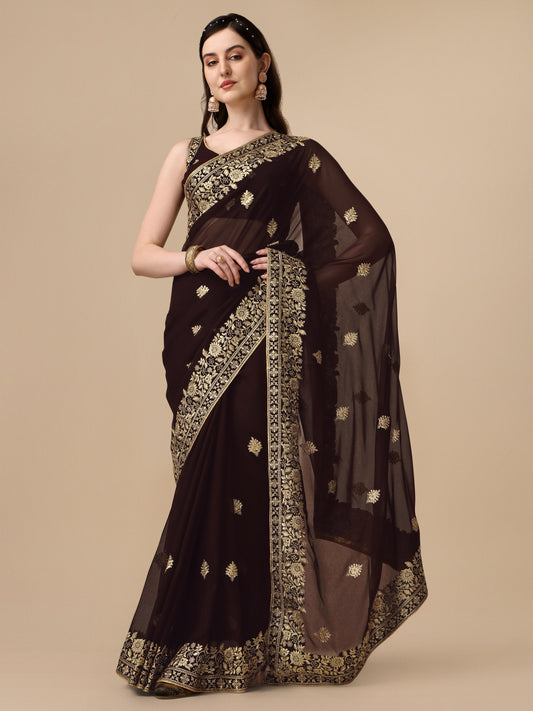 Brown Georgette Embroidery Saree For Women 