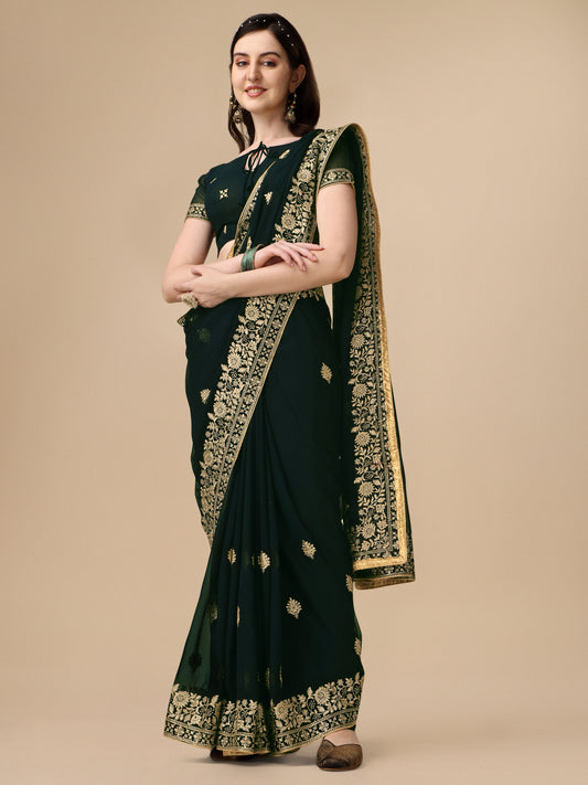 Green Georgette Embroidery Saree For Women 