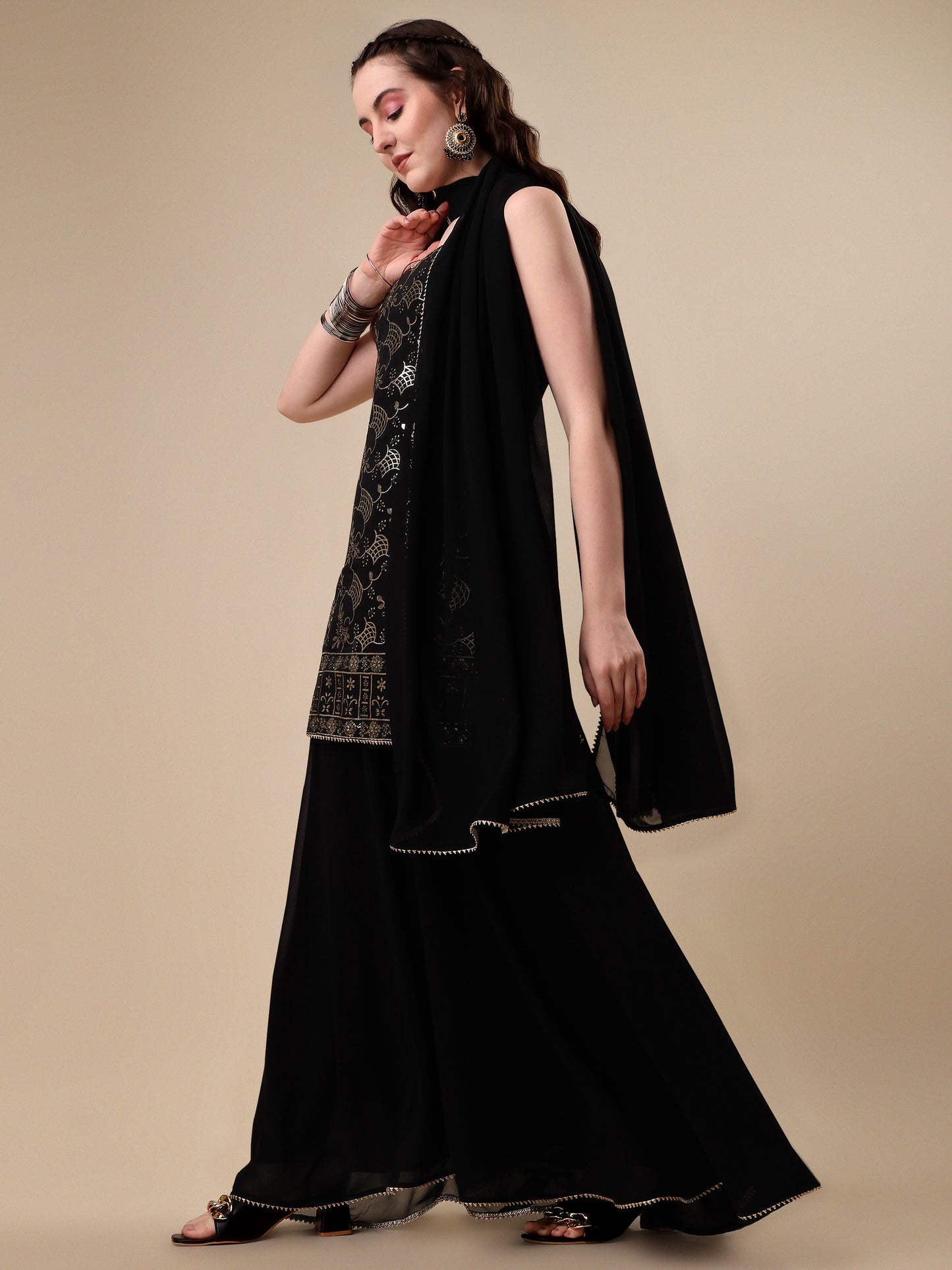 Black Georgette Floral Embroidered Sequinned Kurta With Palazzos & Dupatta 