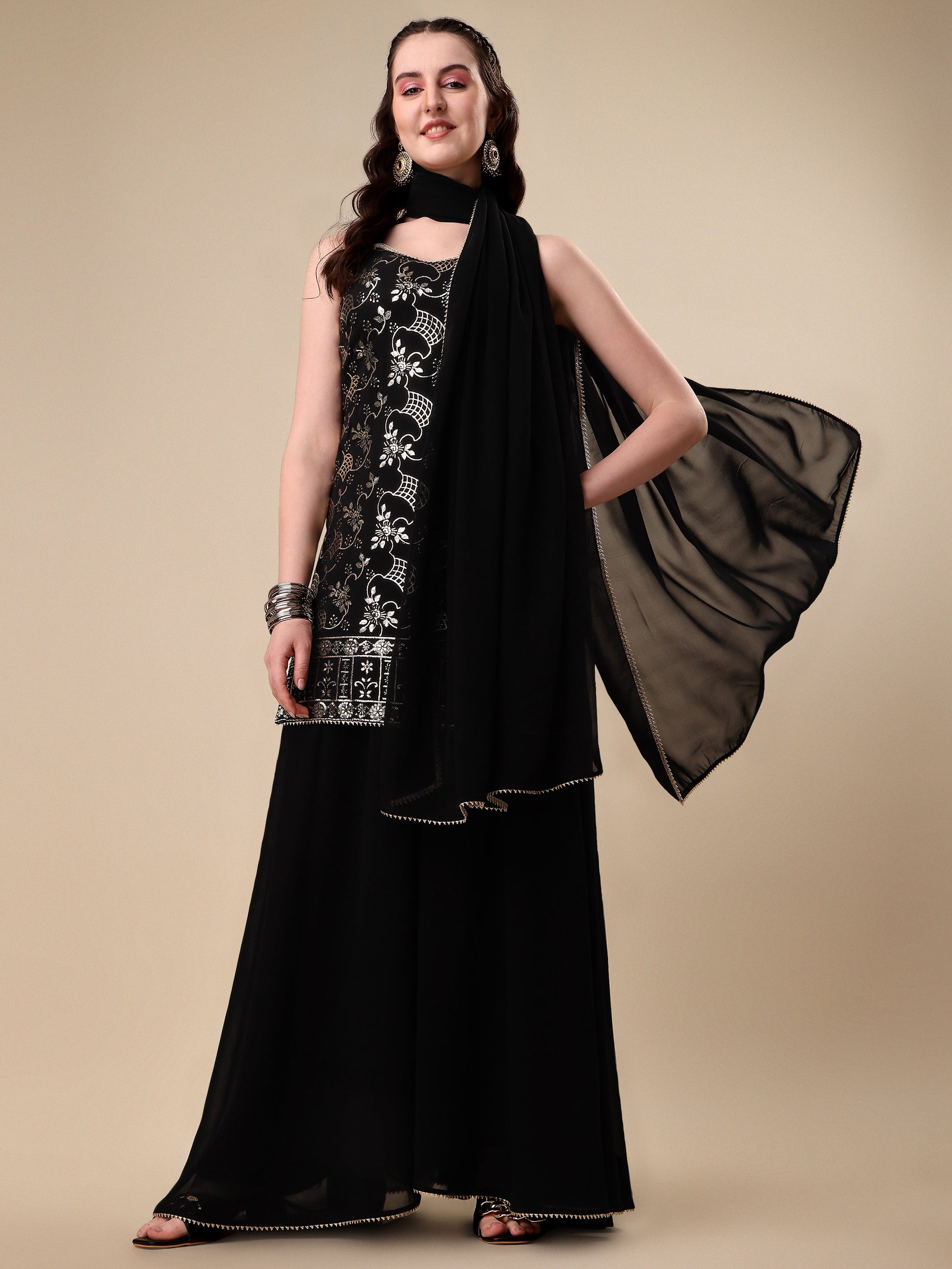 Black Georgette Floral Embroidered Sequinned Kurta With Palazzos & Dupatta 