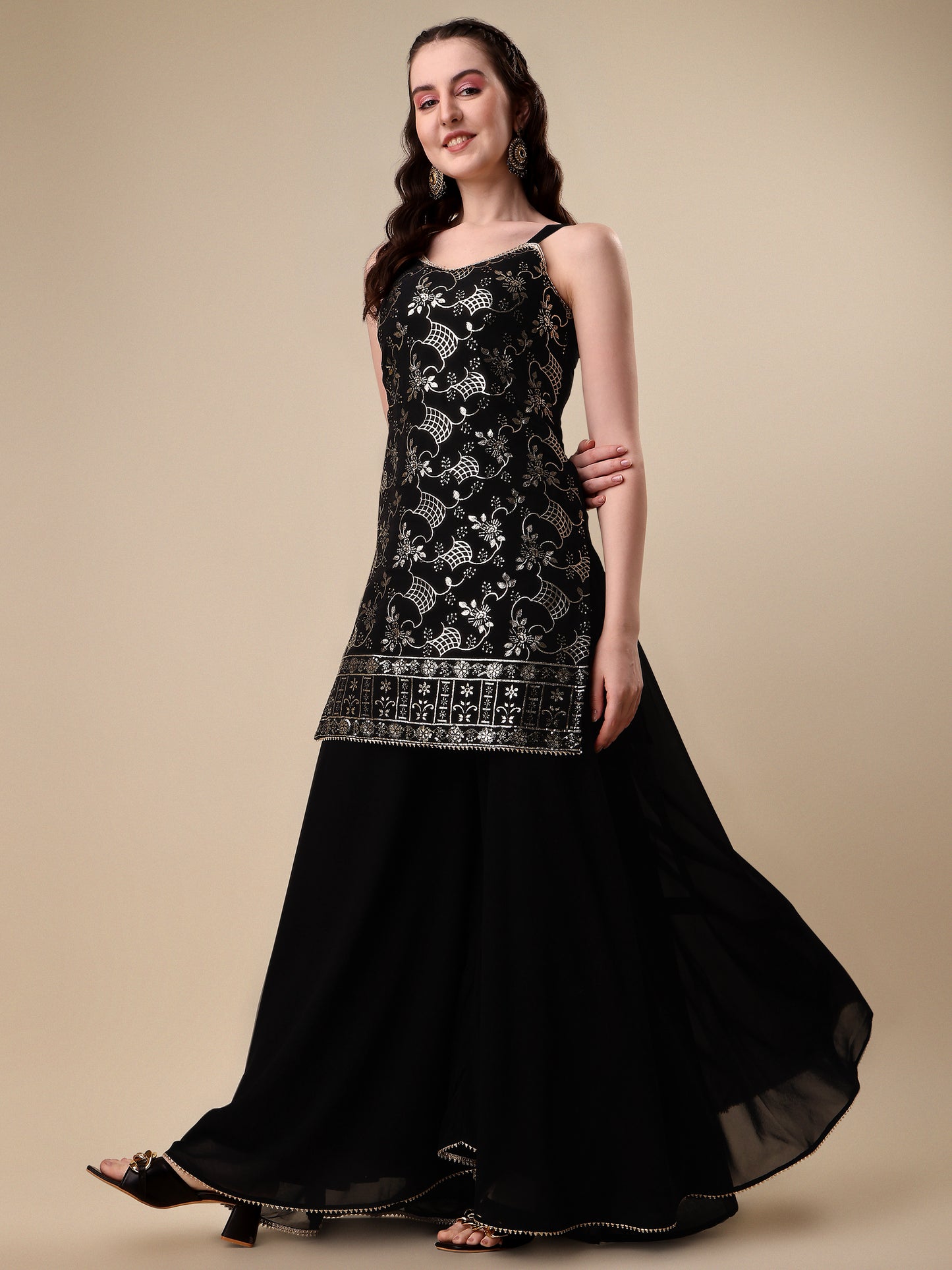 Black Georgette Floral Embroidered Sequinned Kurta With Palazzos & Dupatta 