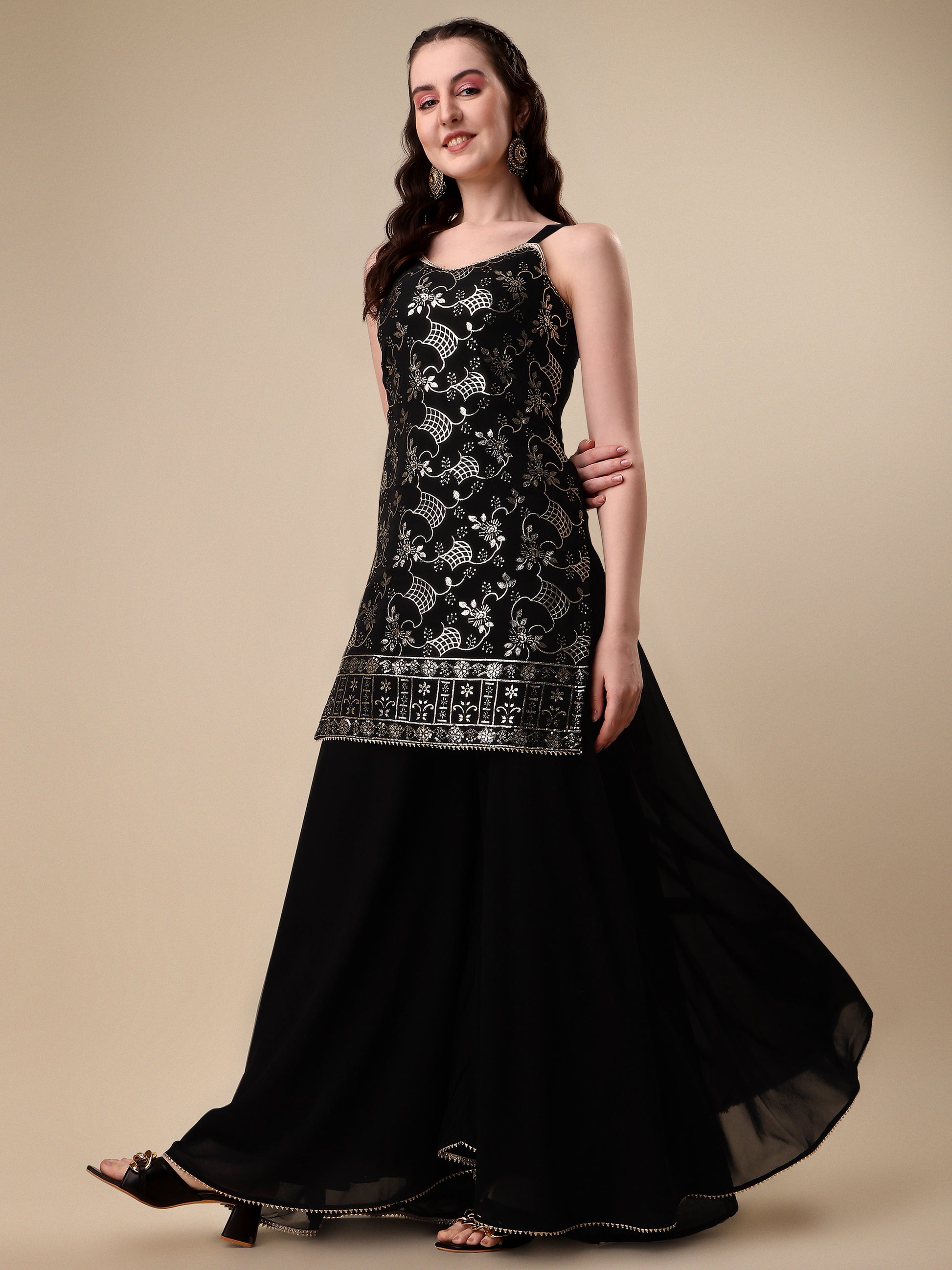 Black Georgette Floral Embroidered Sequinned Kurta With Palazzos & Dupatta 