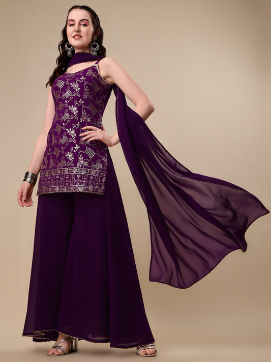 Purple Georgette Floral Embroidered Sequinned Kurta With Palazzos & Dupatta 