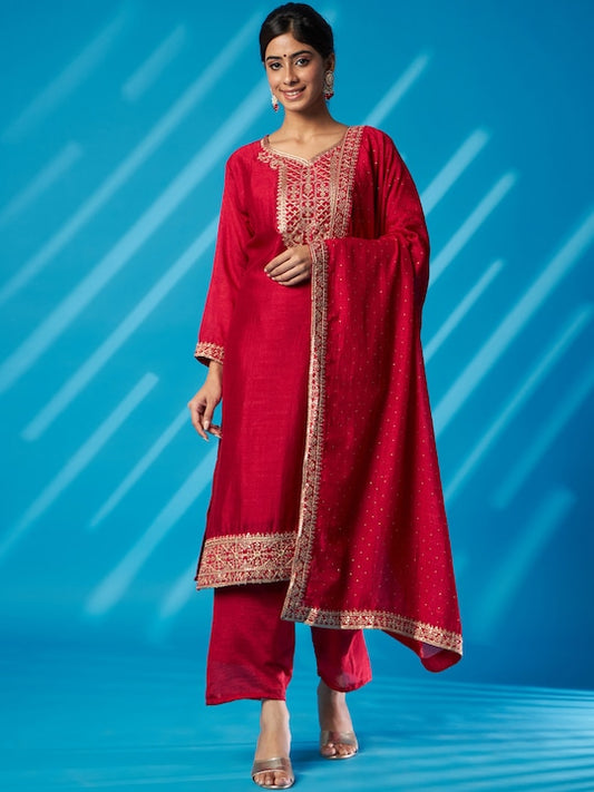 Red Ethnic Motifs Embroidered Sequined Straight Kurta With Trousers & Dupatta 