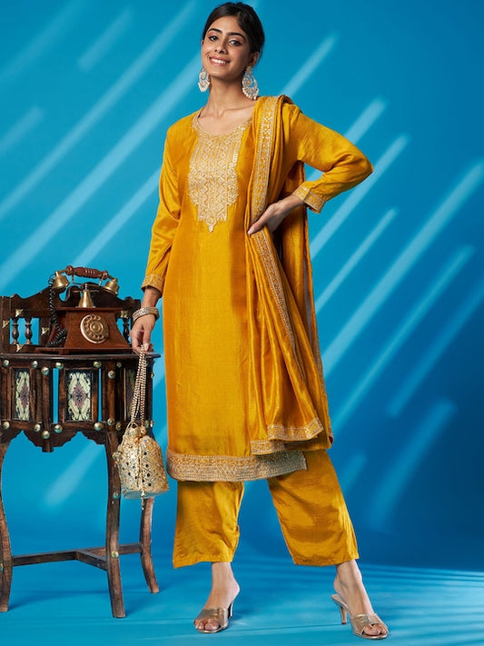 Yellow Yoke Design Thread Work Kurta With Palazzos & Dupatta 