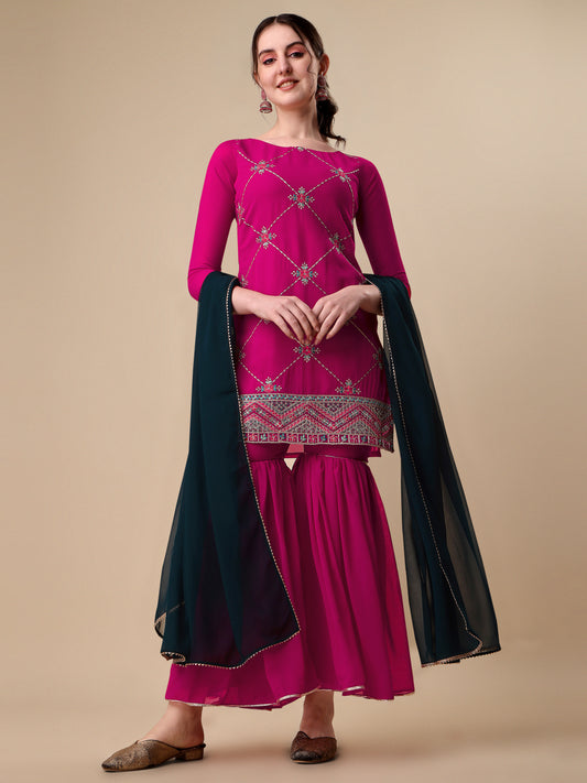 Pink Georgette Embroidered Kurta With Sharara & Dupatta 