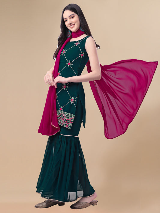 Rama Green Georgette Embroidered Kurta With Sharara & Dupatta 