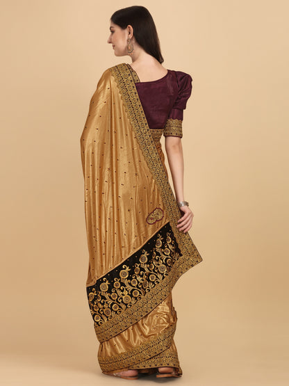 Purple Velvet & Silk Embroidered Stone Work Saree for Women 