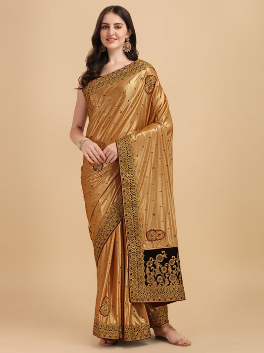 Maroon Velvet & Silk Embroidered Stone Work Saree for Women 