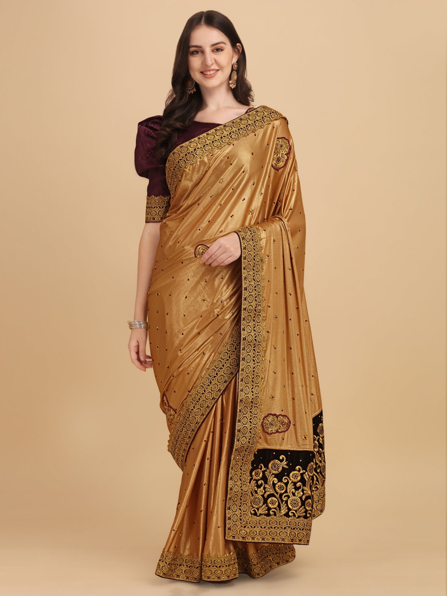 Purple Velvet & Silk Embroidered Stone Work Saree for Women 